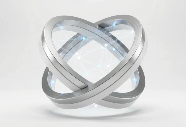 Two brushed metal geometric rings interlocked on a white background, filled with a network of glowing blue dots and lines.