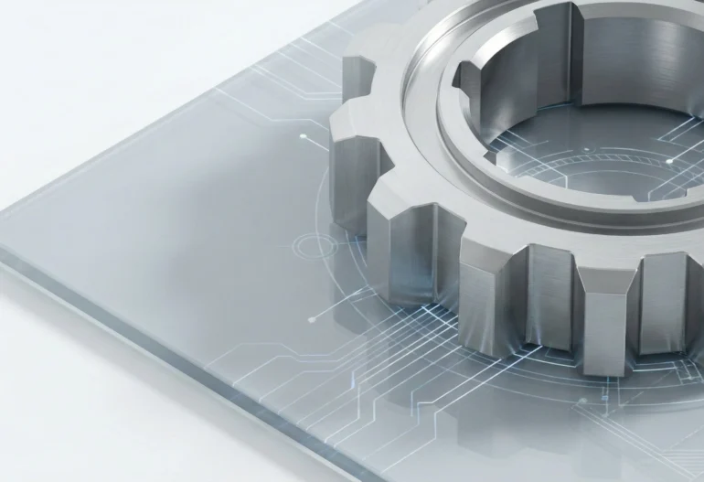 A sleek 3D rendered metallic gear resting on a glass surface displaying subtle glowing blueprint circuit lines.