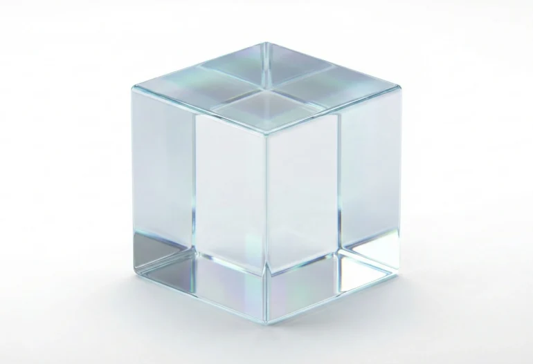 A premium, minimalist 3D illustration of a perfectly clear glass cube with internal light refractions on a white background.