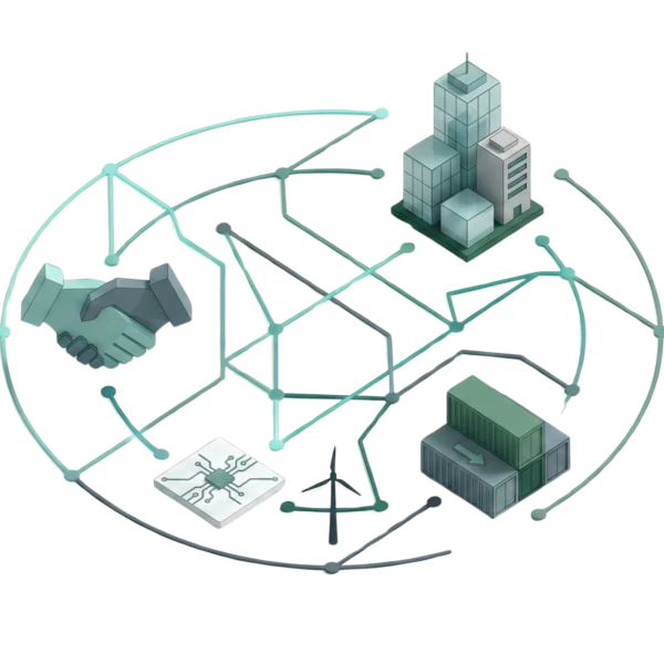 Ecosystem network illustration linking partners, customers, and suppliers, representing MetRenew’s collaborative approach to the energy transition.