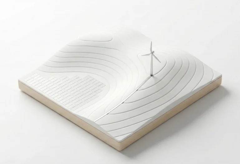 A minimal white 3D landscape tile with a subtle solar grid texture and a small wind turbine silhouette integrated into it.