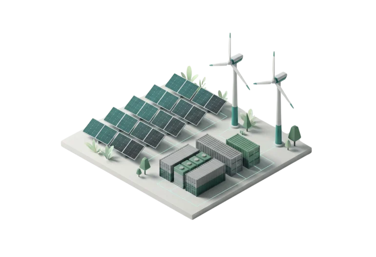 Integrated renewable park illustration with solar, wind turbines, and battery storage representing MetRenew’s vision for scalable clean power worldwide.