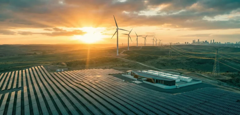 Sunrise aerial view of an integrated energy park with solar arrays, wind turbines, and battery storage, showcasing diversified renewable energy solutions for the future grid.