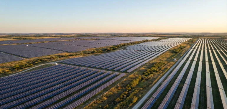 Aerial drone view of a vast utility-scale solar photovoltaic farm at sunset, showing thousands of panels leading to the horizon, representing modern renewable energy solutions.